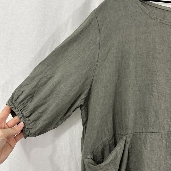 Cobblestone Living Lagenlook Linen  Pocket Elastic Sleeve Top OSFM Neutral - Picture 4 of 6